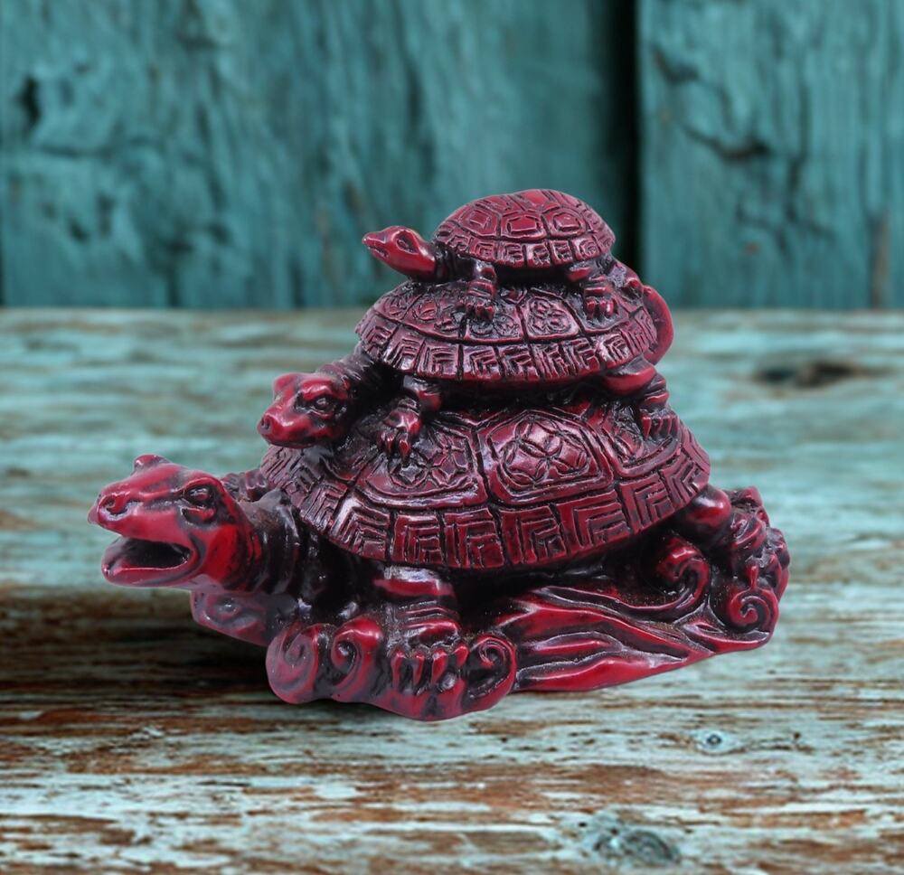 Chinese Statue Feng Shui Red Resin Stacked Turtle Figurine Good Luck Family